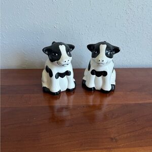 Cow salt pepper shakers handles ceramic White w/ Black Spots Thailand Vintage